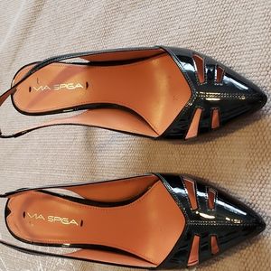 Via Spiga black patent slingback heels